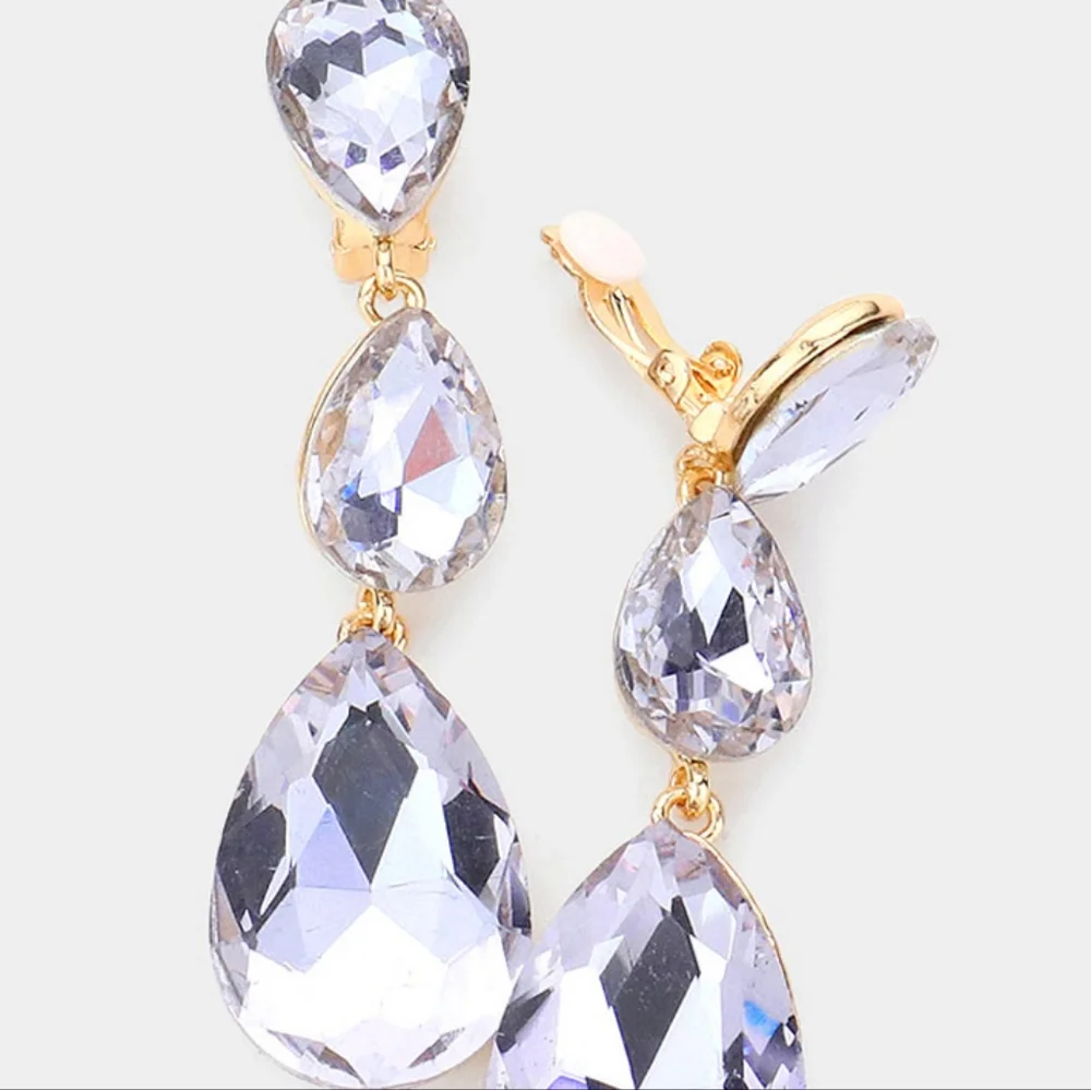 Purple Dangle Crystal Clip On Earrings 3 Inch Triple Tear Drop ClipOns Jewelry